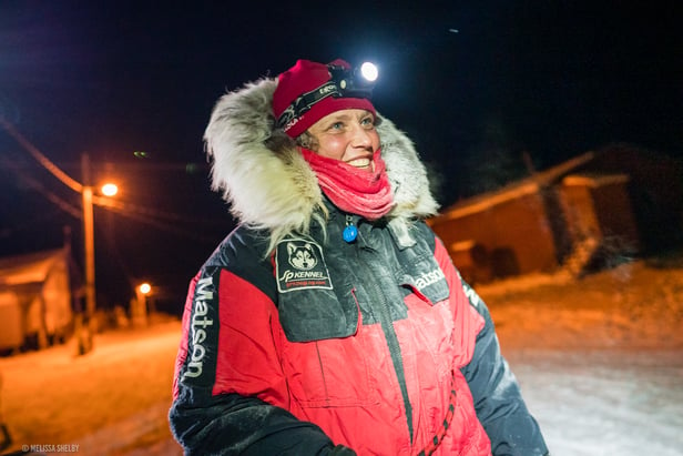 Aliy Zirkle enters the Kokuk checkpoint in good spirits on March 17, 2020 (MelissaShelby)